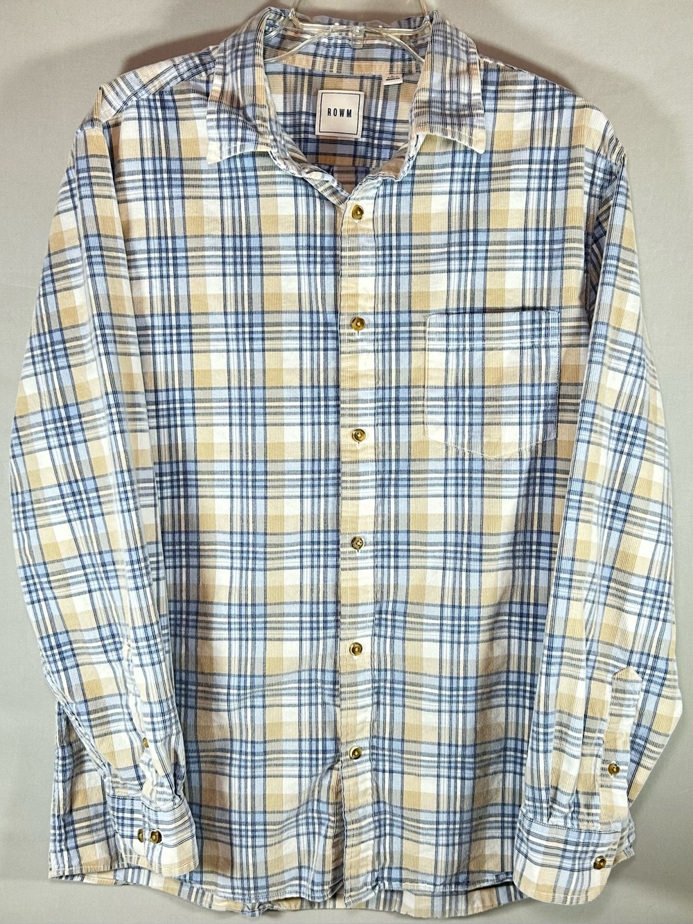 ROWN Long Sleeve Mens Large Plaid Corduroy Button Down Casual Shirt Blue/Tan